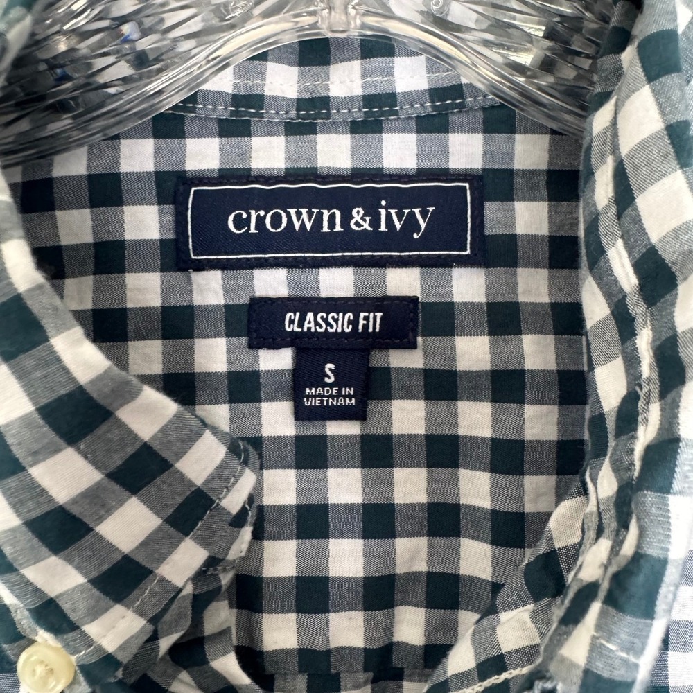 Crown & Ivy Mens S Teal Green Gingham Button Down Shirt Classic Fit Preppy